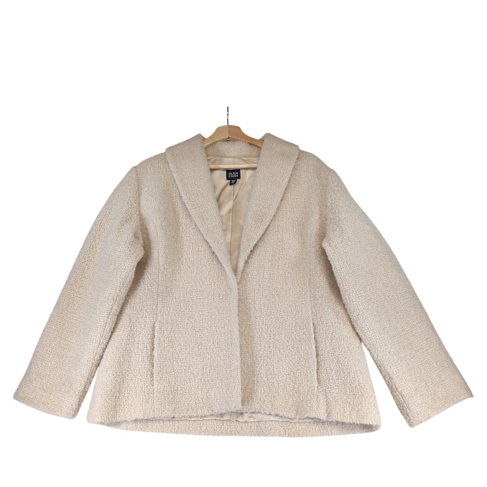 Eileen Fisher Womens Large Cream Wool Boucle Shawl Collar Open Front Blazer Coat